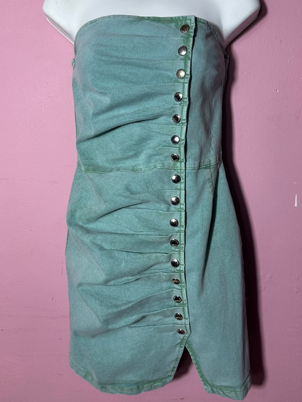 Retrofete Seafoam Strapless Button-Front Mini Dress